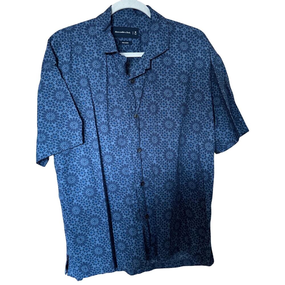 Abercrombie Blue Tonal Floral Camp Collar Cotton Shirt XL